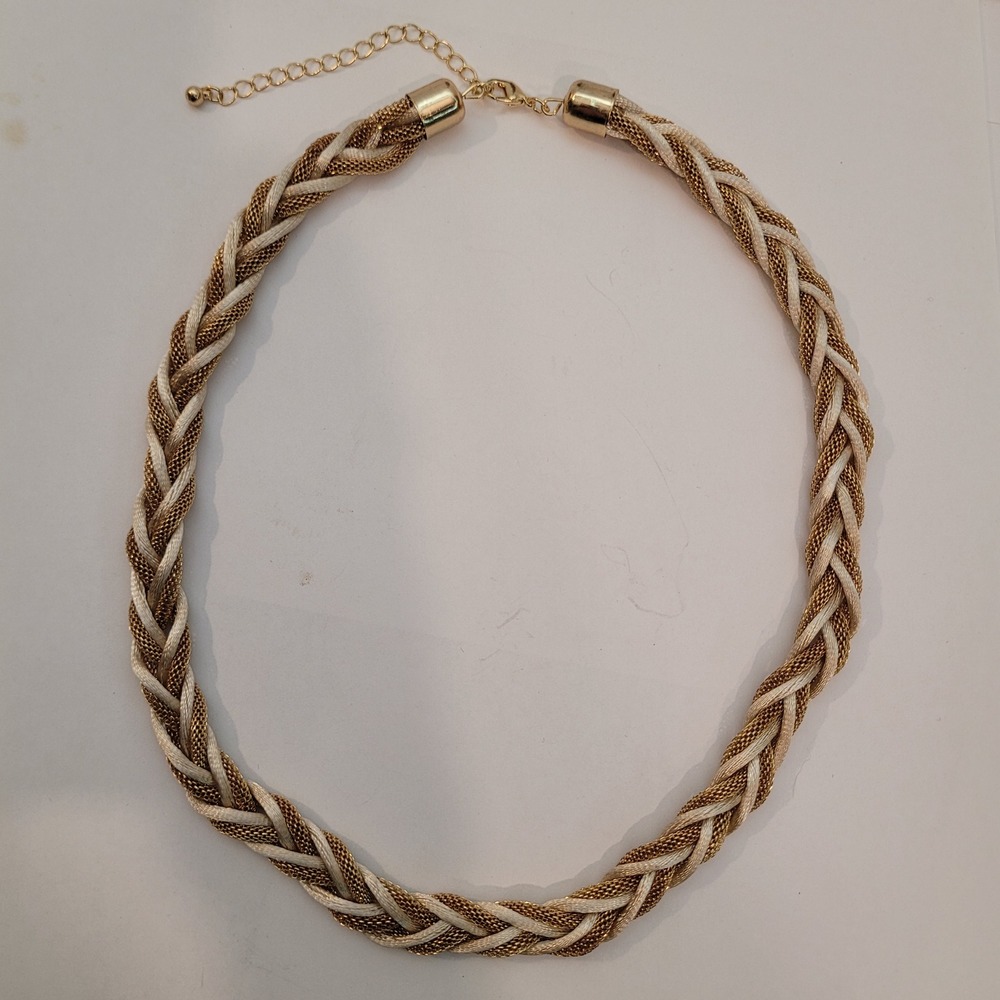 Vintage Braided Mesh Necklace Womens Gold Cream Mixed Media Collar Adjustable